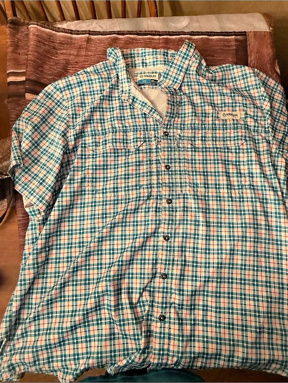 Magellan Outdoors Fish Gear Plaid Short Sleeve Fishing Shirt Blue & Red 3XL